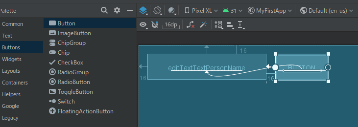 図 6. テキスト ボックスの右側とベースラインに対して制約が適用されたボタン