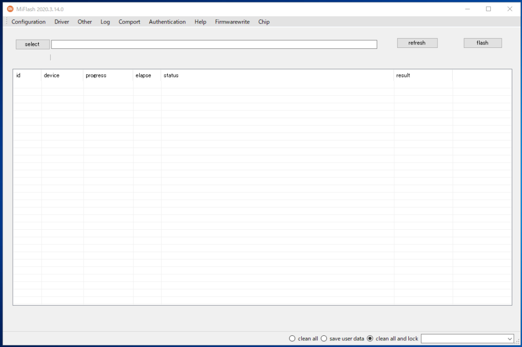The MiFlash 2020.3.14.0 screen. Everything should be blank. MiFlash 2020.3.14.0 の画面。 すべて空欄のはずです。