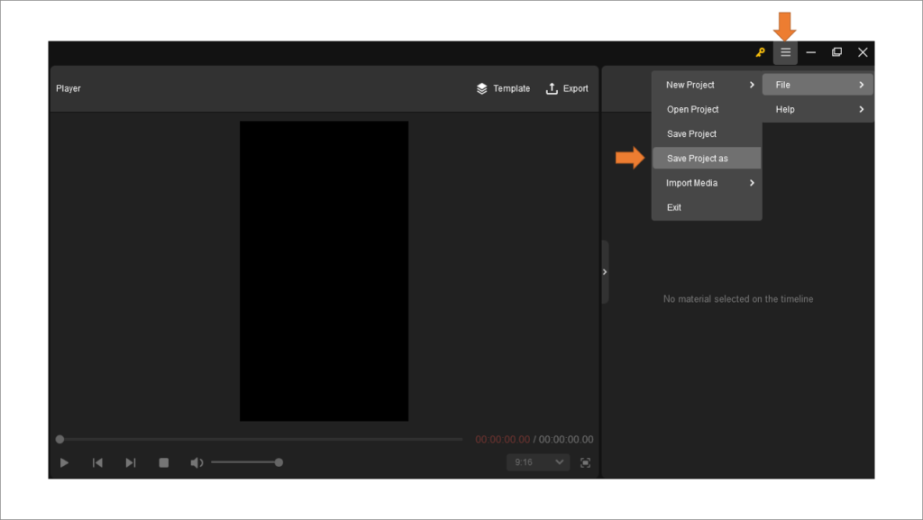 動画編集ソフト MiniTool MovieMaker 操作方法3 画面右上の ≡ (三角形の合同)マークを左クリックします。プロジェクト名を決めて保存します。