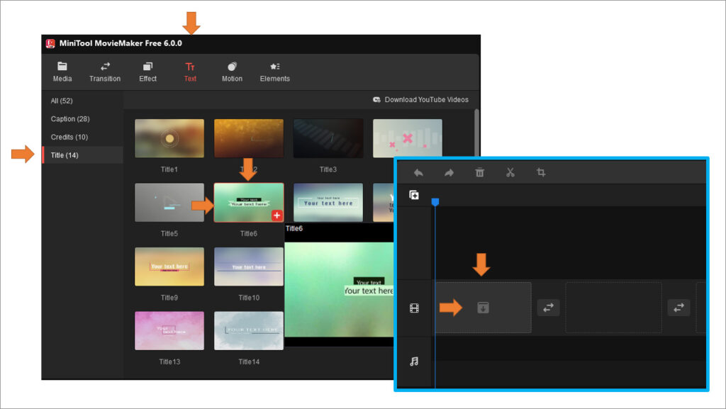 動画編集ソフト MiniTool MovieMaker 操作方法4 画面左上の Text マークを左クリックします。お好みの表紙を選んでマウスドラッグします。