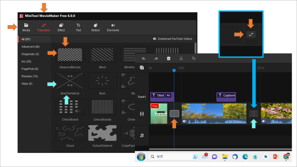 動画編集ソフト MiniTool MovieMaker 操作方法6 画面左上の Transition マークを左クリックします。お好みの画面切り替えエフェクトを選択します。 マウスドラッグ(マウスの左を押しながら、目的の場所へ移動)します。→←の場所に入れます。(なにも入れなくても大丈夫です。)